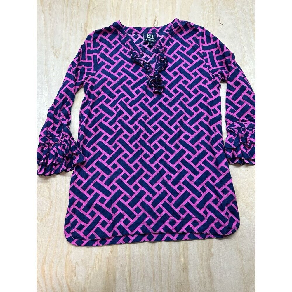 ESCAPADA navy & Hot Pink pattern Long Sleeve Ruffled dress sz‎ M Knee Length